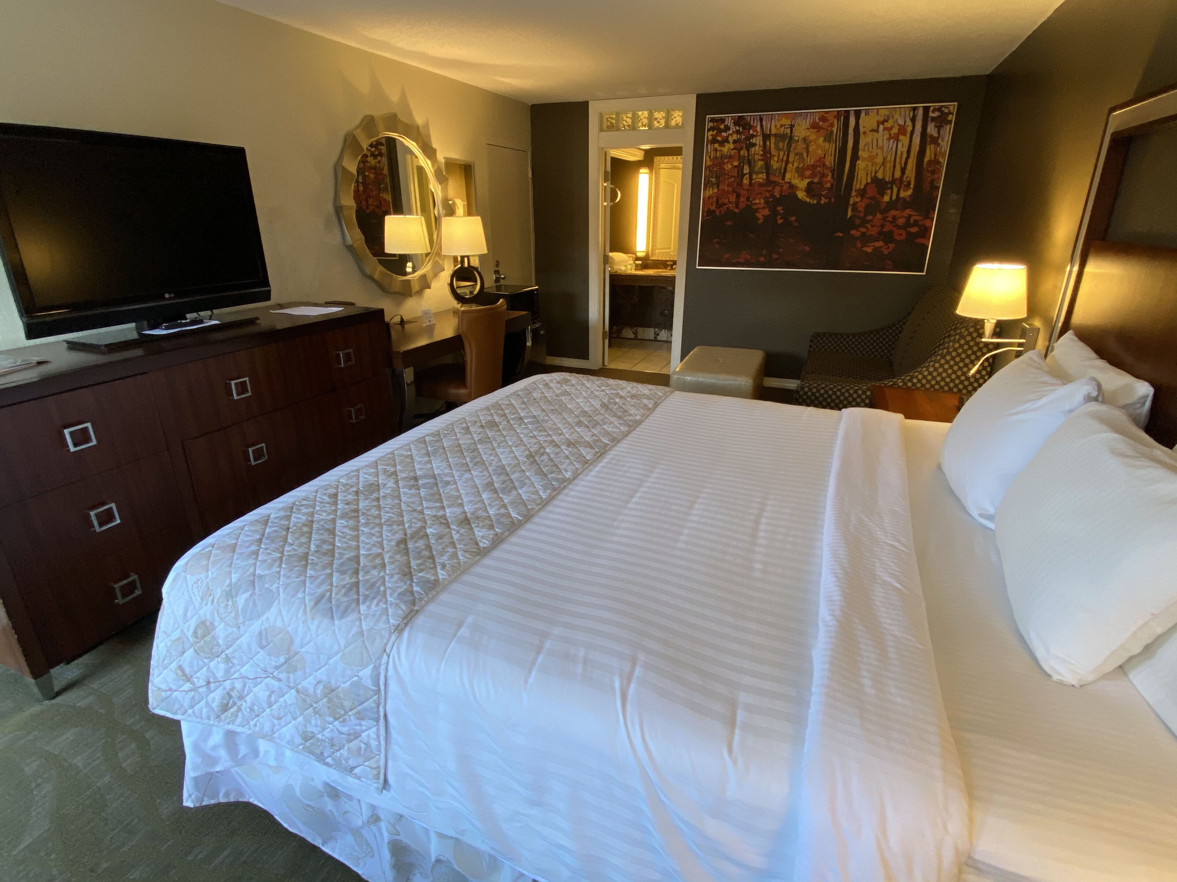 Une chambre d’hôtel avec un grand lit, une télévision, un bureau avec une chaise, un miroir et un tableau au mur.