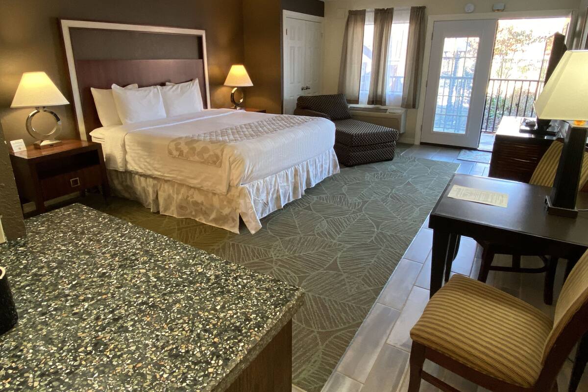 A hotel room with a large bed, two bedside lamps, a desk, a chair, and a view of the outdoors through the window.