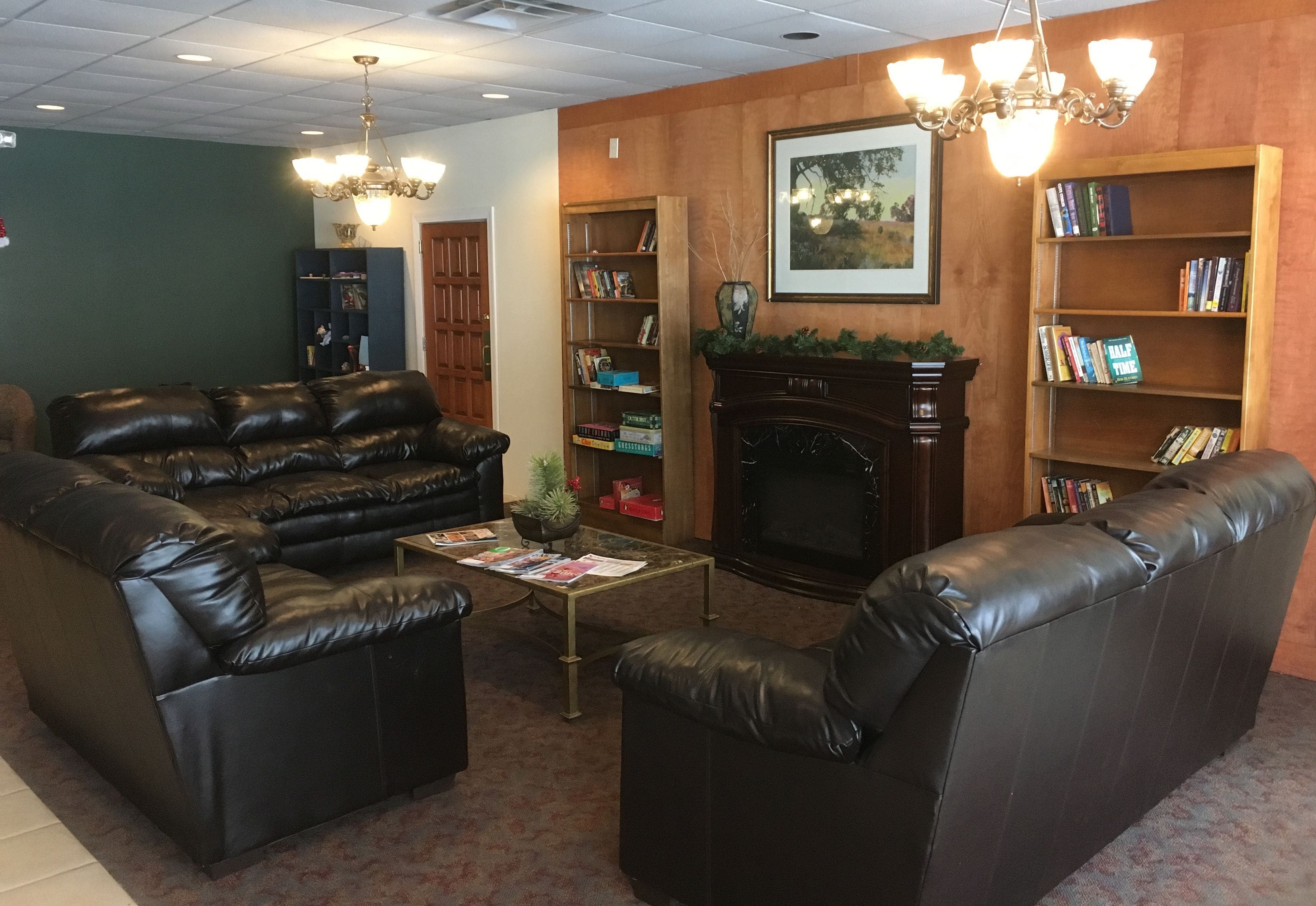 A living room with leather sofas, a fireplace, and bookshelves.