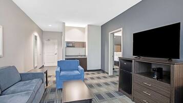 Premium bedding, pillow-top beds, desk, laptop workspace