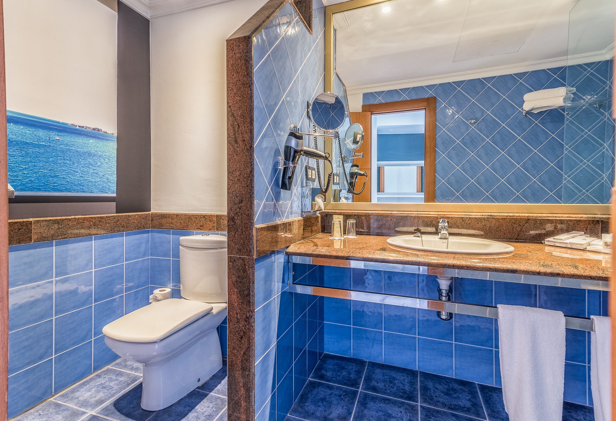 Een badkamer met blauwe tegels, een toilet, een wastafel, een spiegel en een handdoekrek.