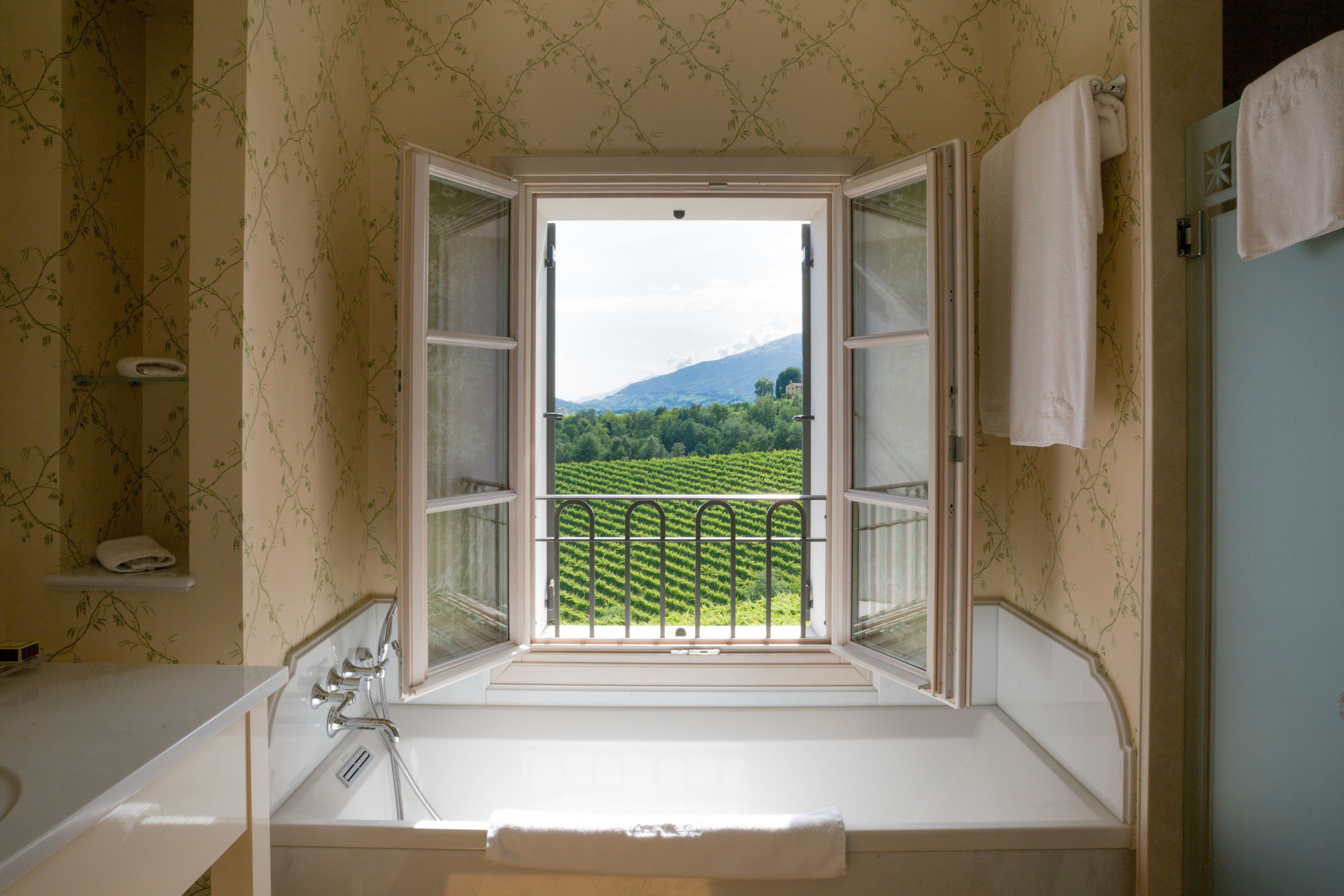 A bathroom with a window view of a green landscape.