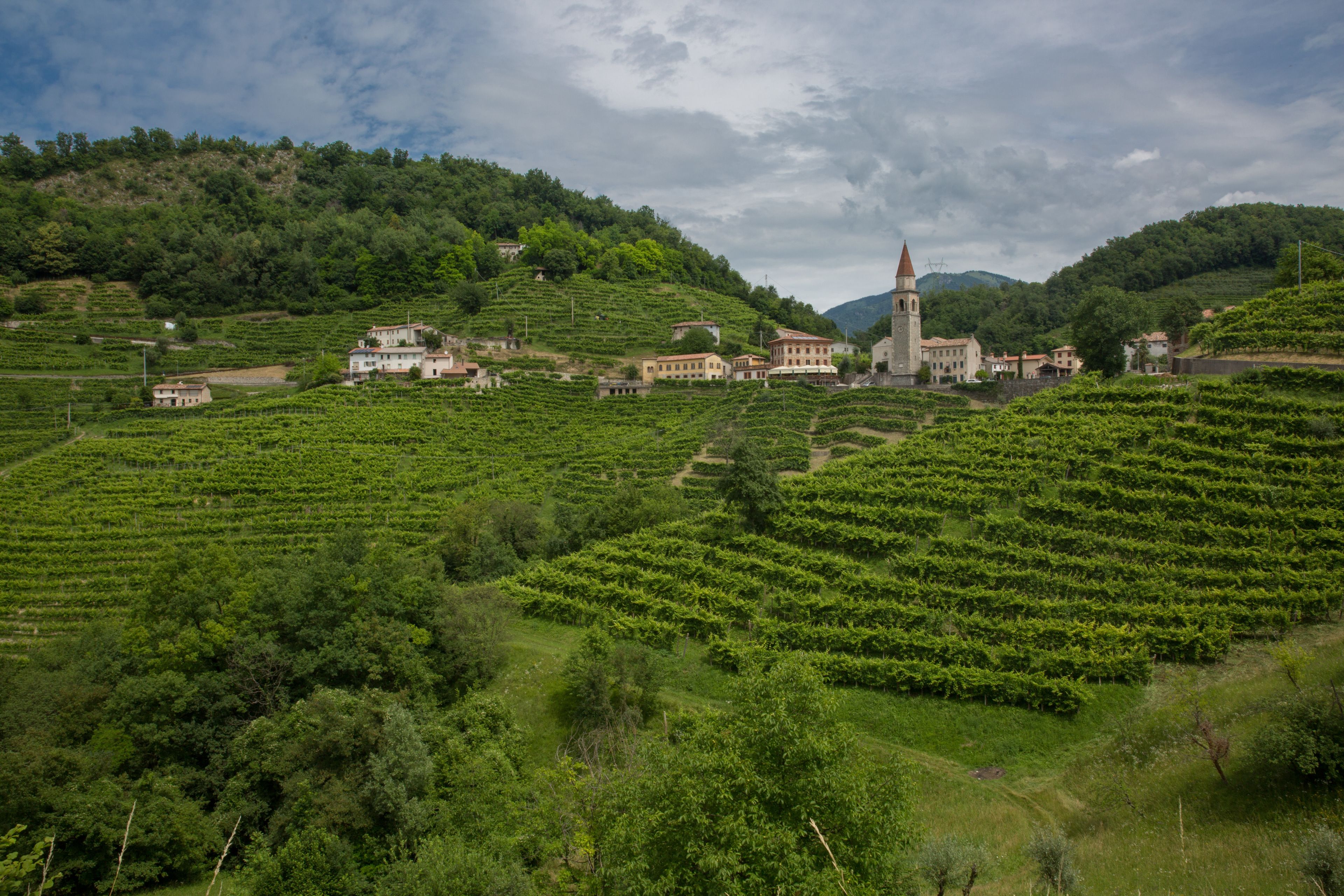 Un paisaje rural con campos en terrazas y una iglesia destacada con una torre.