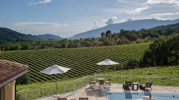 Piscina all'aperto, ombrelloni da piscina, lettini