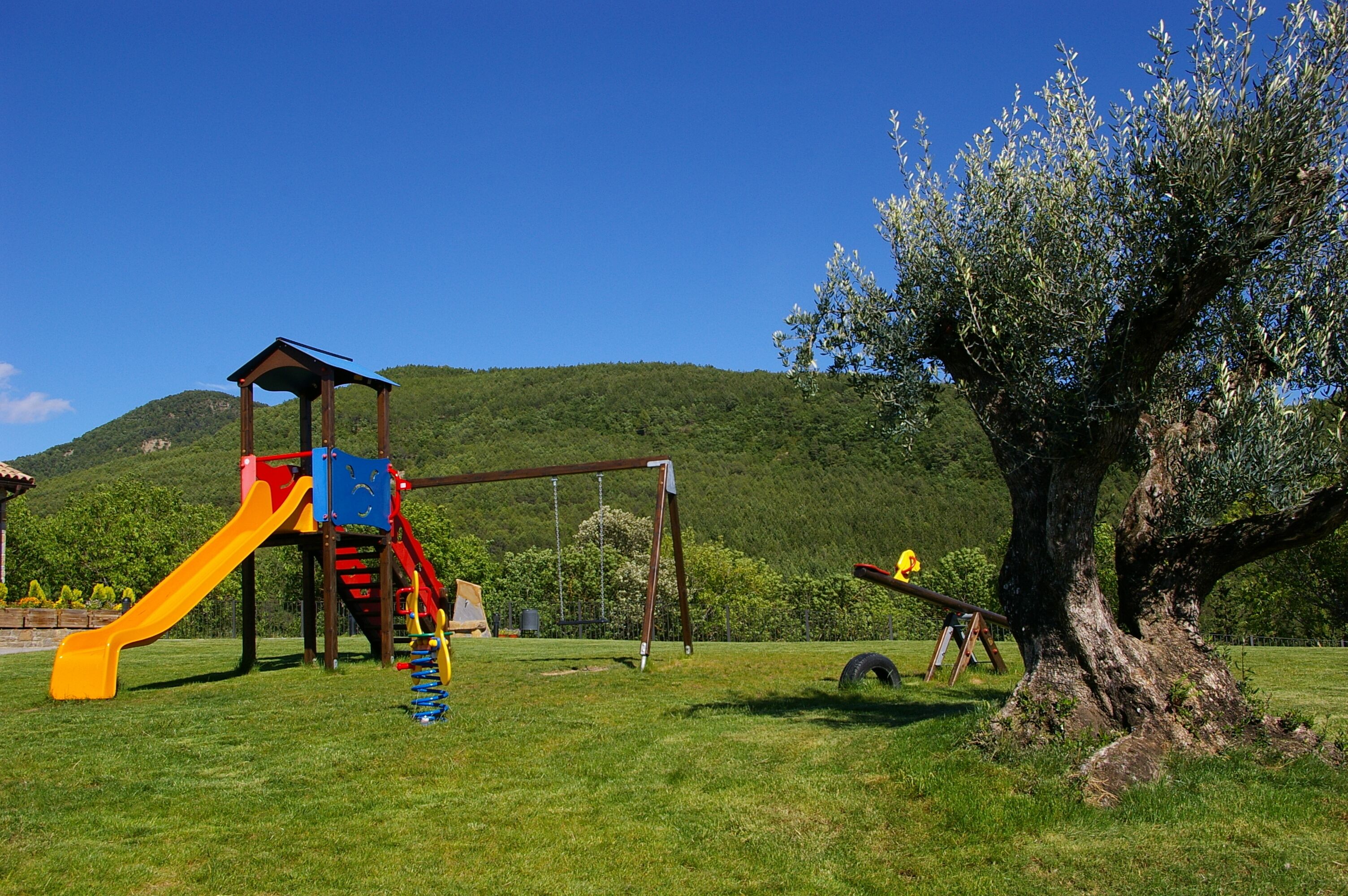 Un terrain de jeux avec un toboggan et des balançoires, situé devant une colline et un arbre.