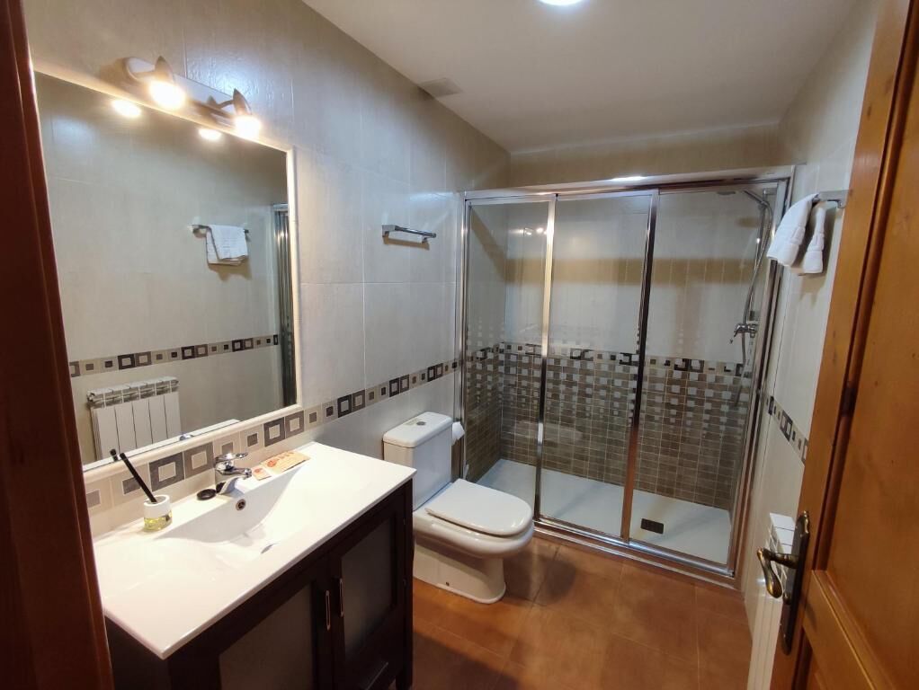 A bathroom with a white sink, a toilet, a glass shower enclosure, and a mirror with lights.
