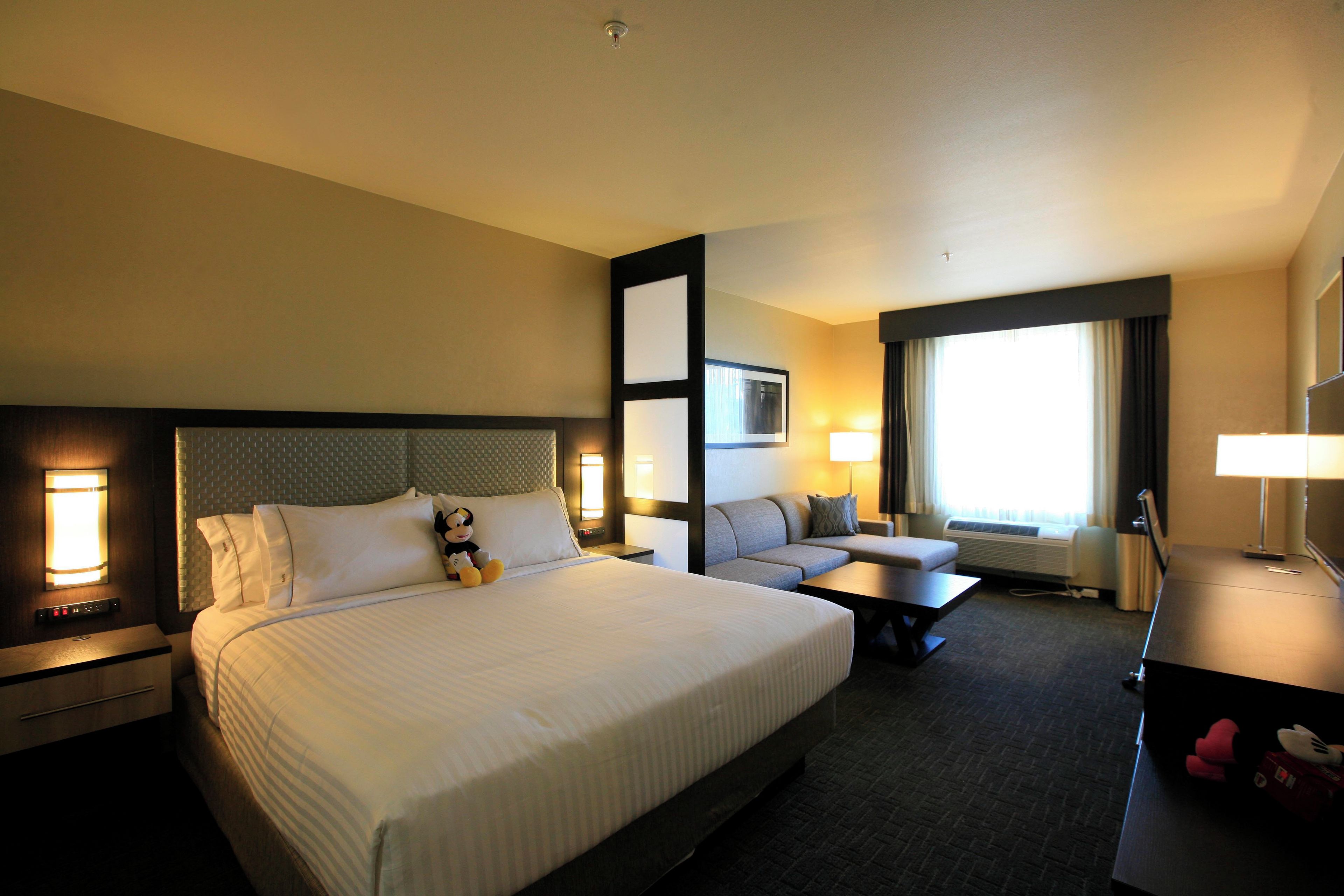 A hotel room with a large bed, a sofa, a desk, and a flat-screen TV.