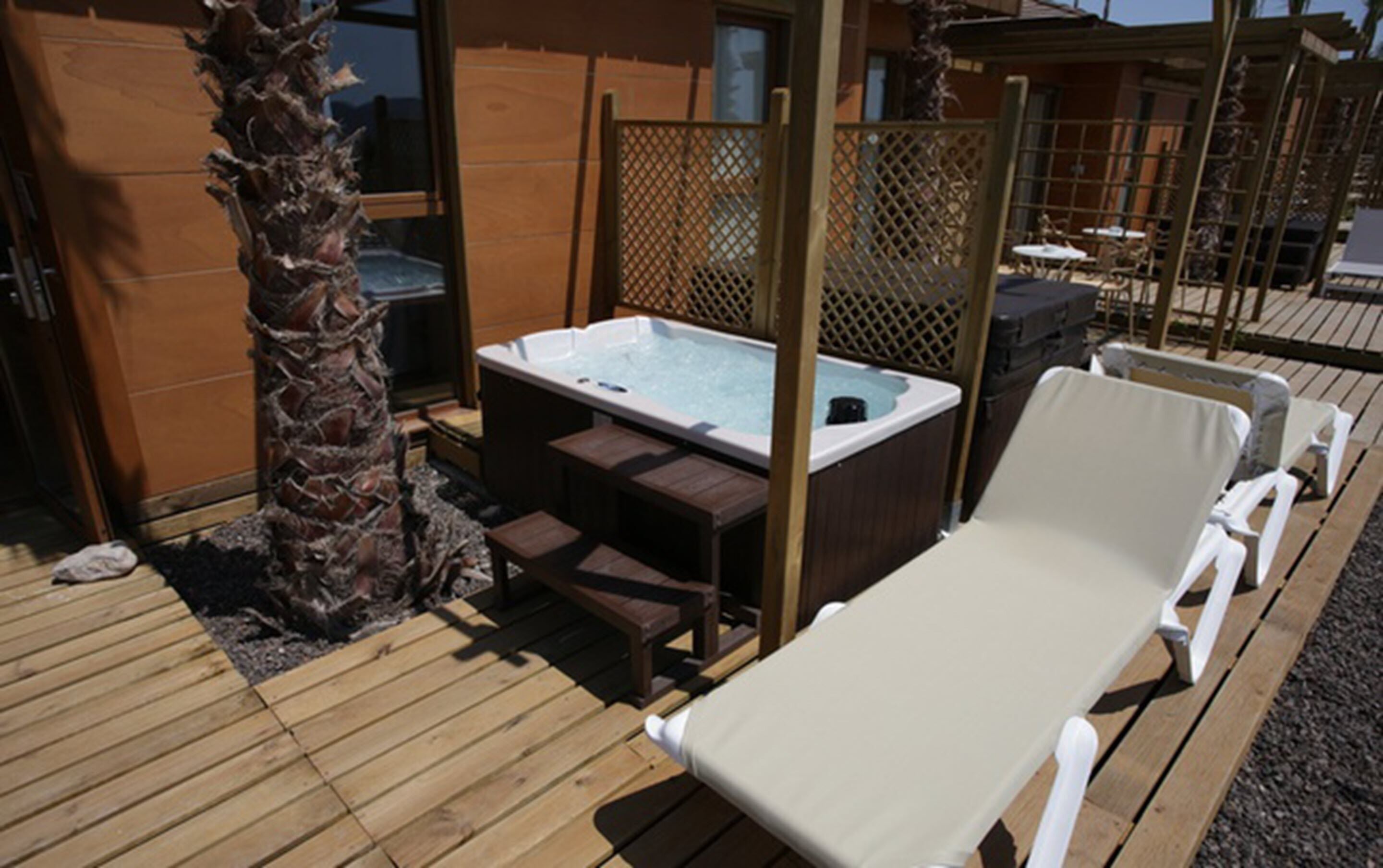 Terraza de madera con jacuzzi, sillas de descanso y una palmera.