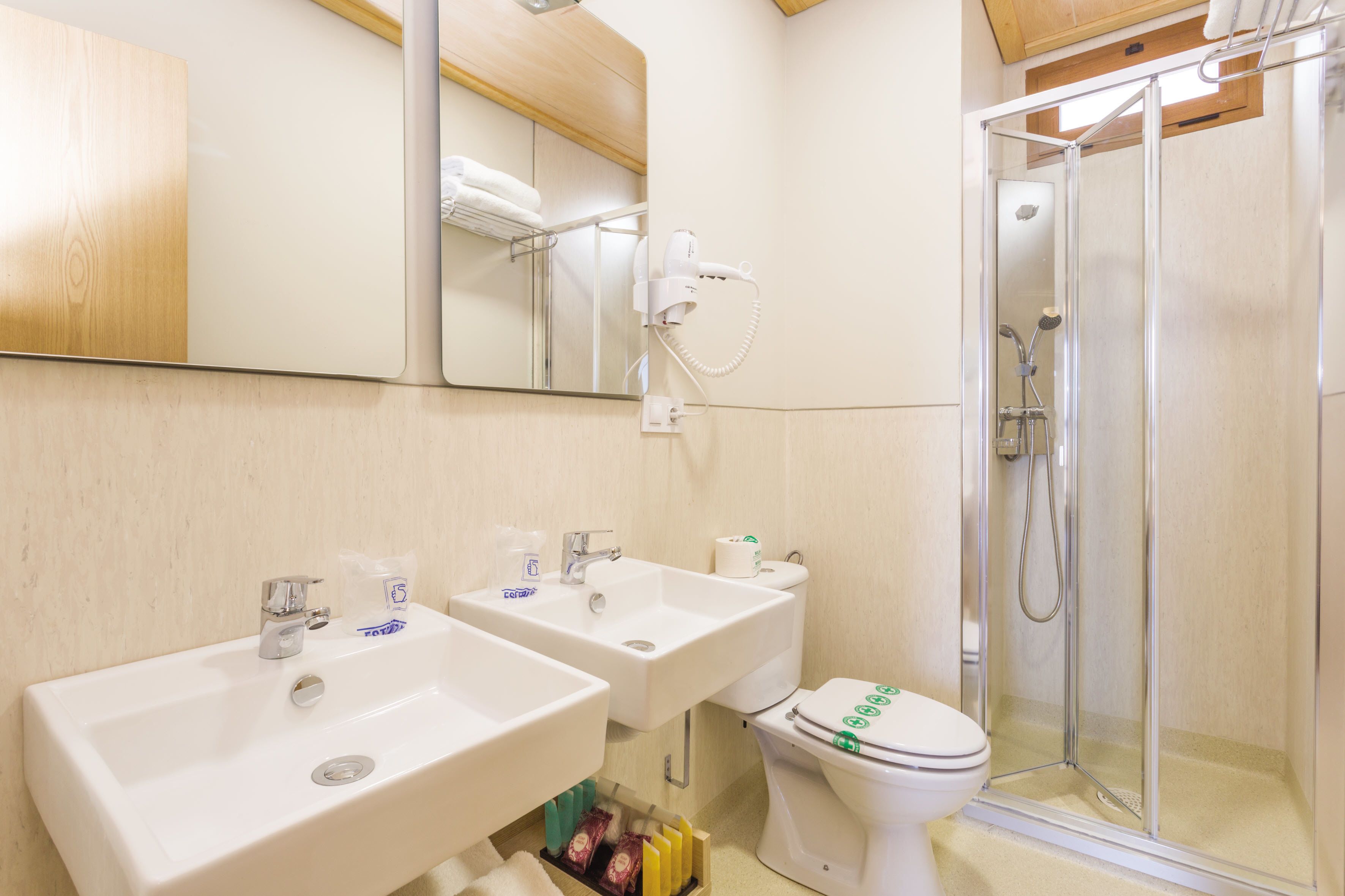 Een badkamer met twee wastafels, toilet, haardroger en een douchecabine met glazen wanden.