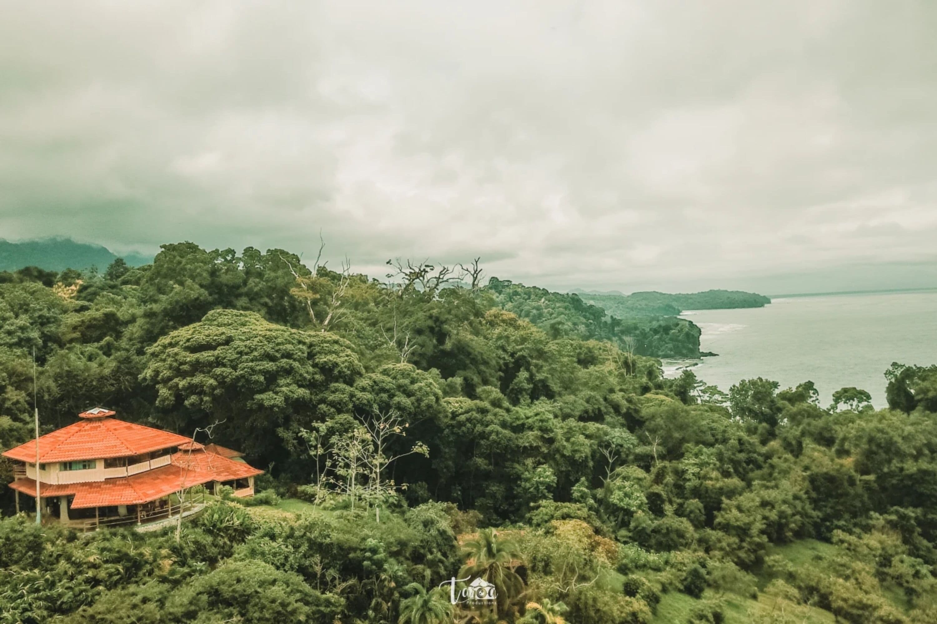 Un edificio de dos pisos con techo rojo rodeado de abundante vegetación y vistas al mar.