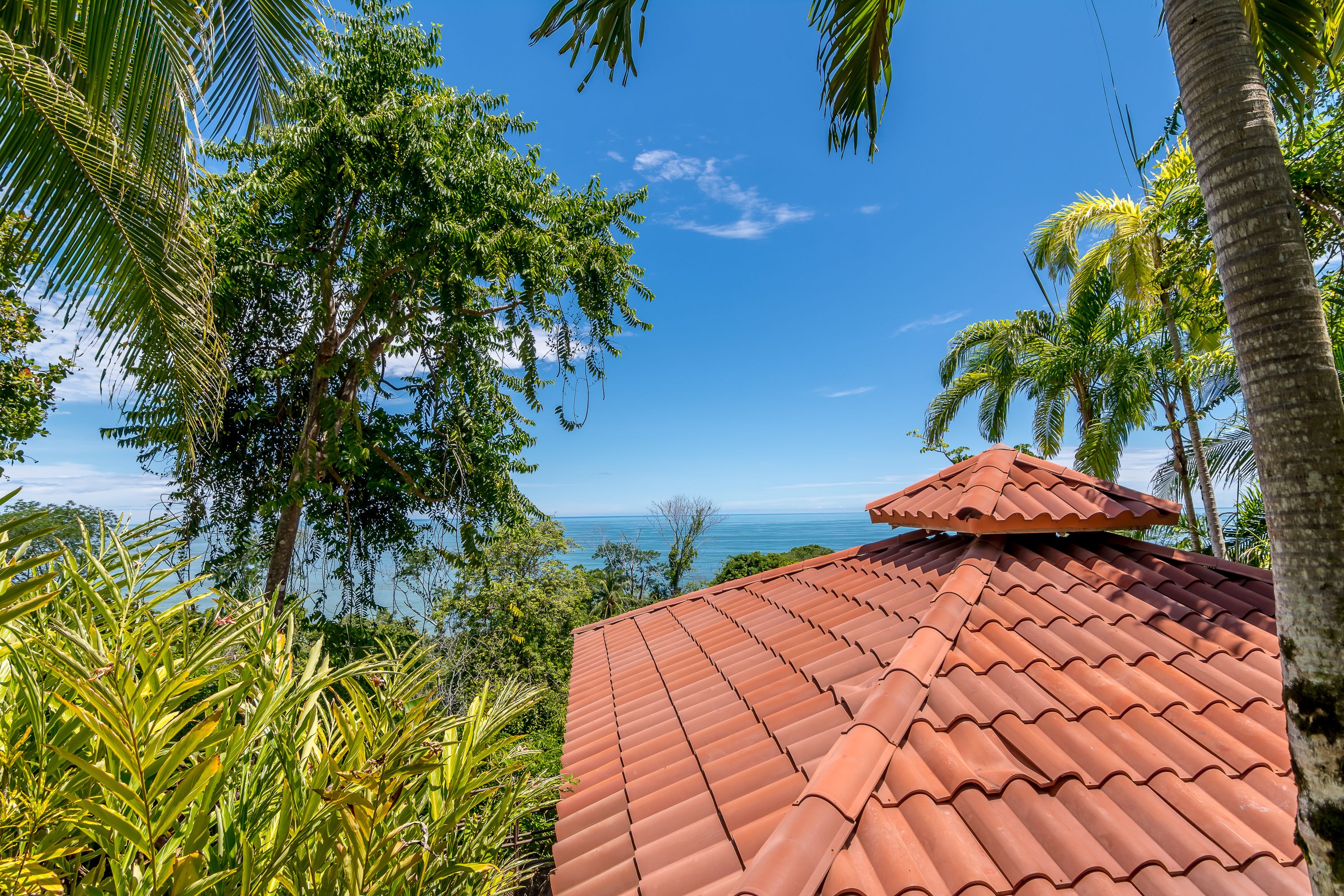 A red-tiled roof, lush greenery, and a clear blue sky.