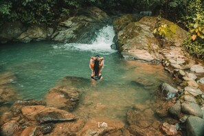 A natural setting with a waterfall and clear water.