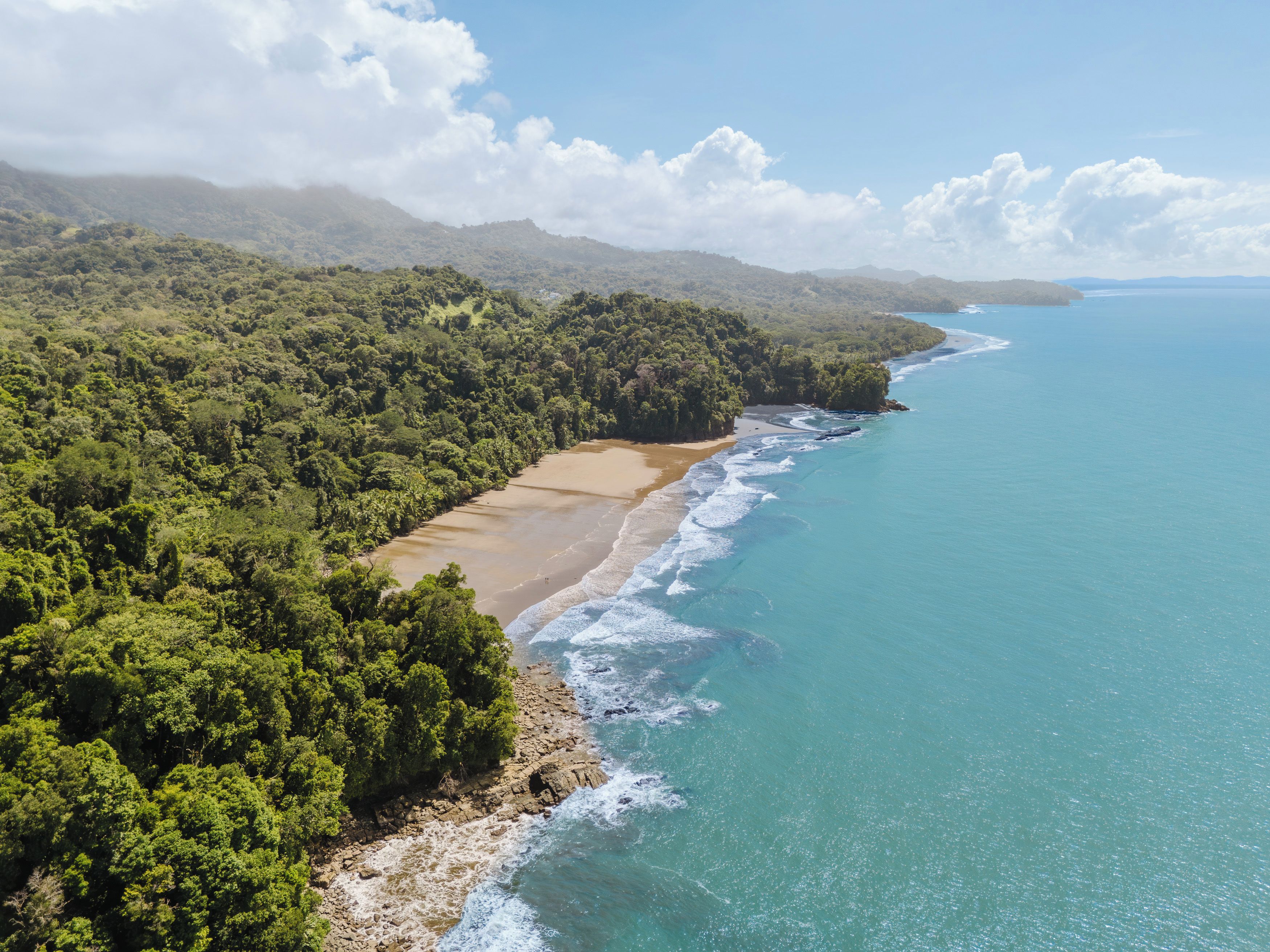 A coastal landscape with a beach, forested hills, and a clear sky.
