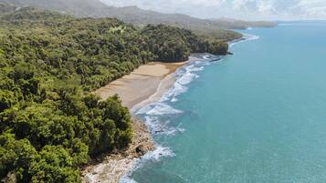 A coastal landscape with a beach, forested hills, and a clear sky.