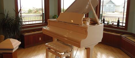 A grand piano in a room with large windows, wooden floors, and a bench.