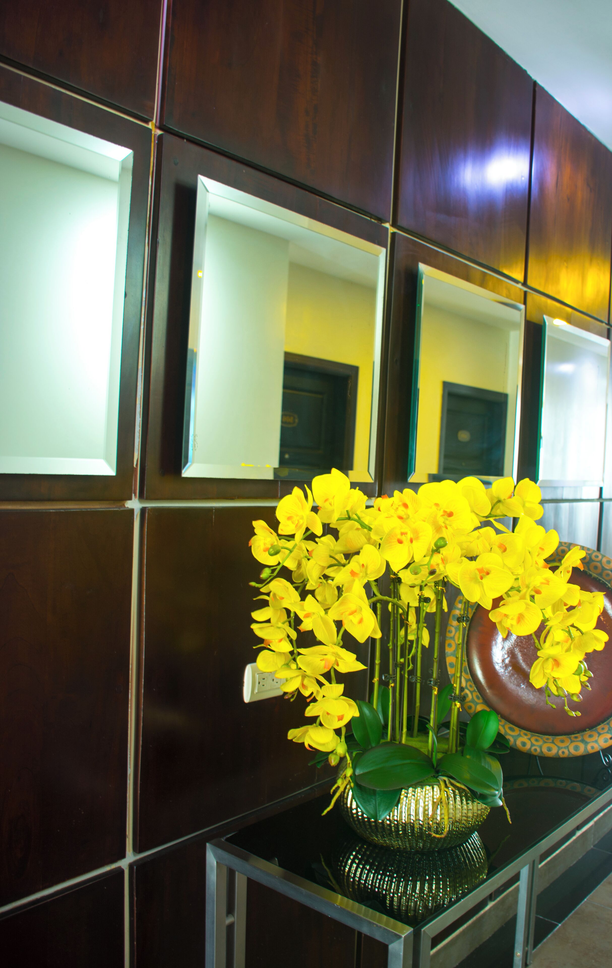 Zona de recepción con pared de espejo, un jarrón con flores amarillas y un plato decorativo.