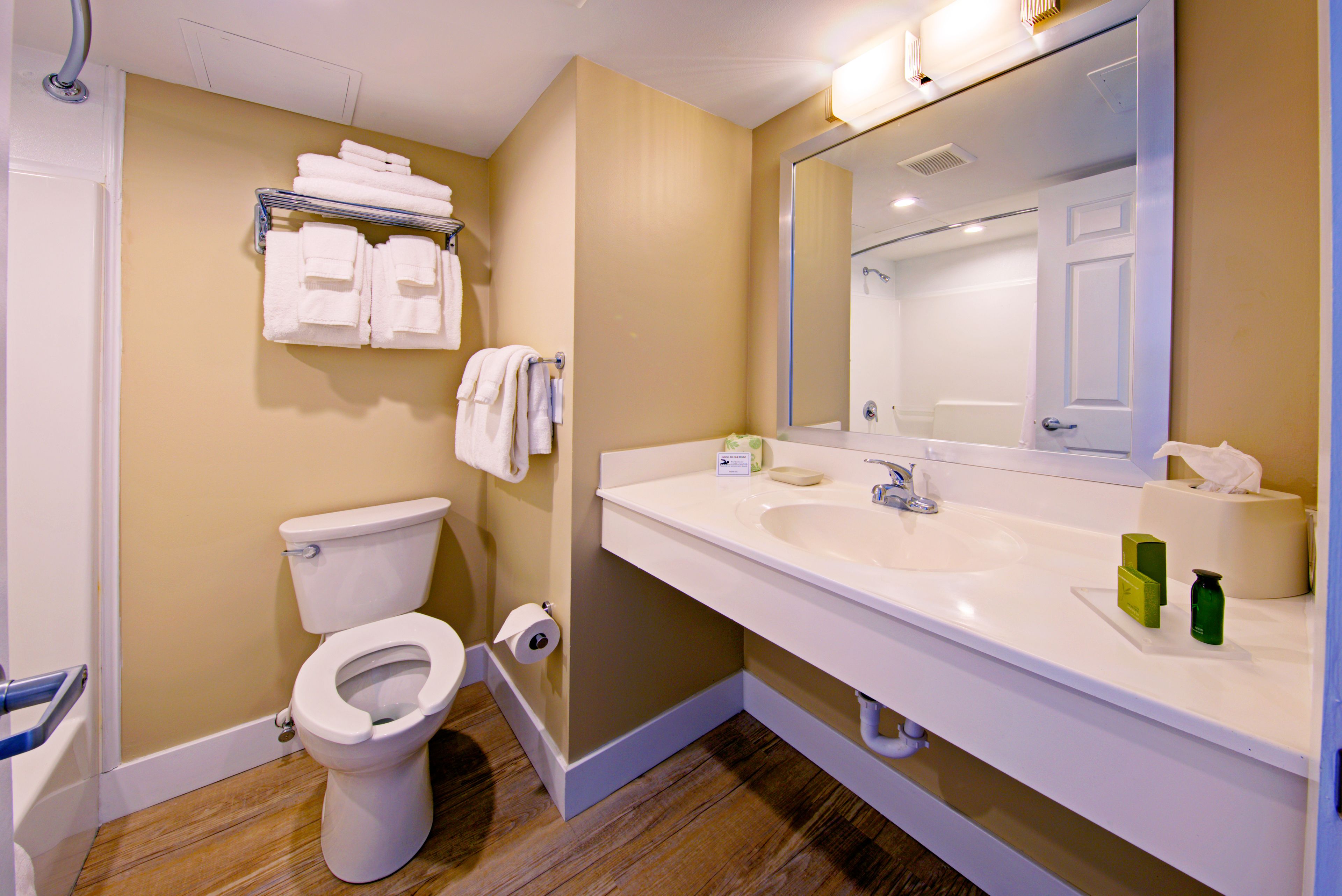 combined shower/bathtub, designer toiletries, hair dryer, towels