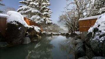 Escape to a serene Japanese-style garden with a tranquil pond, surrounded by snow-covered trees and large rocks.