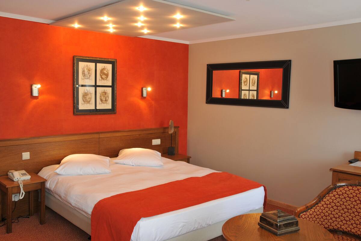 A hotel room with a large bed, a bedside table with a telephone, a mirror, and a television on the wall.