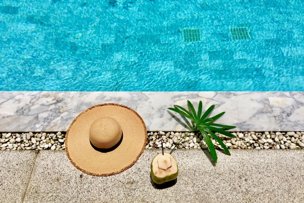 Outdoor pool, a waterfall pool, sun loungers