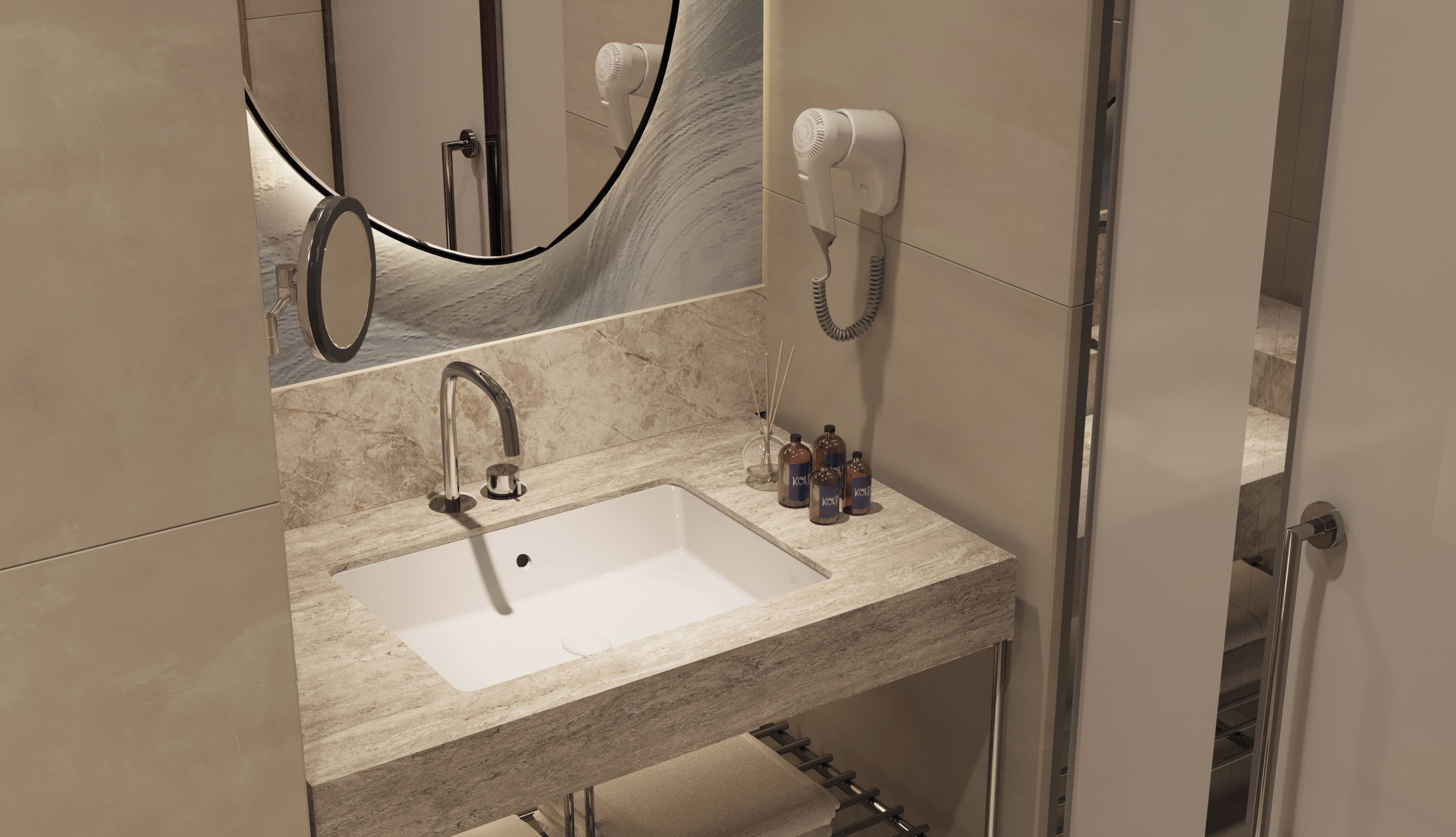 Ein Badezimmer mit Waschbecken, Spiegel, Haartrockner und Stauraumschränken.