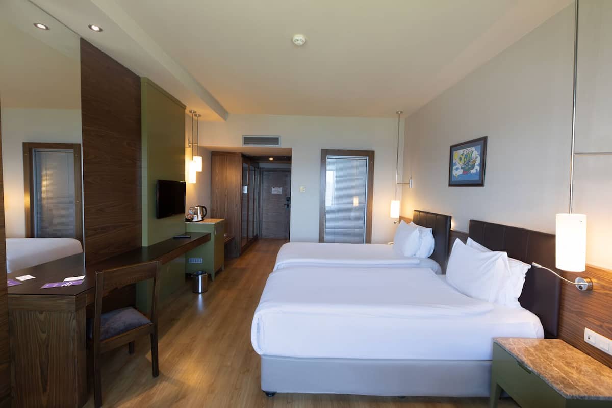 A hotel room with a large bed, a desk, a television, and a bathroom door.
