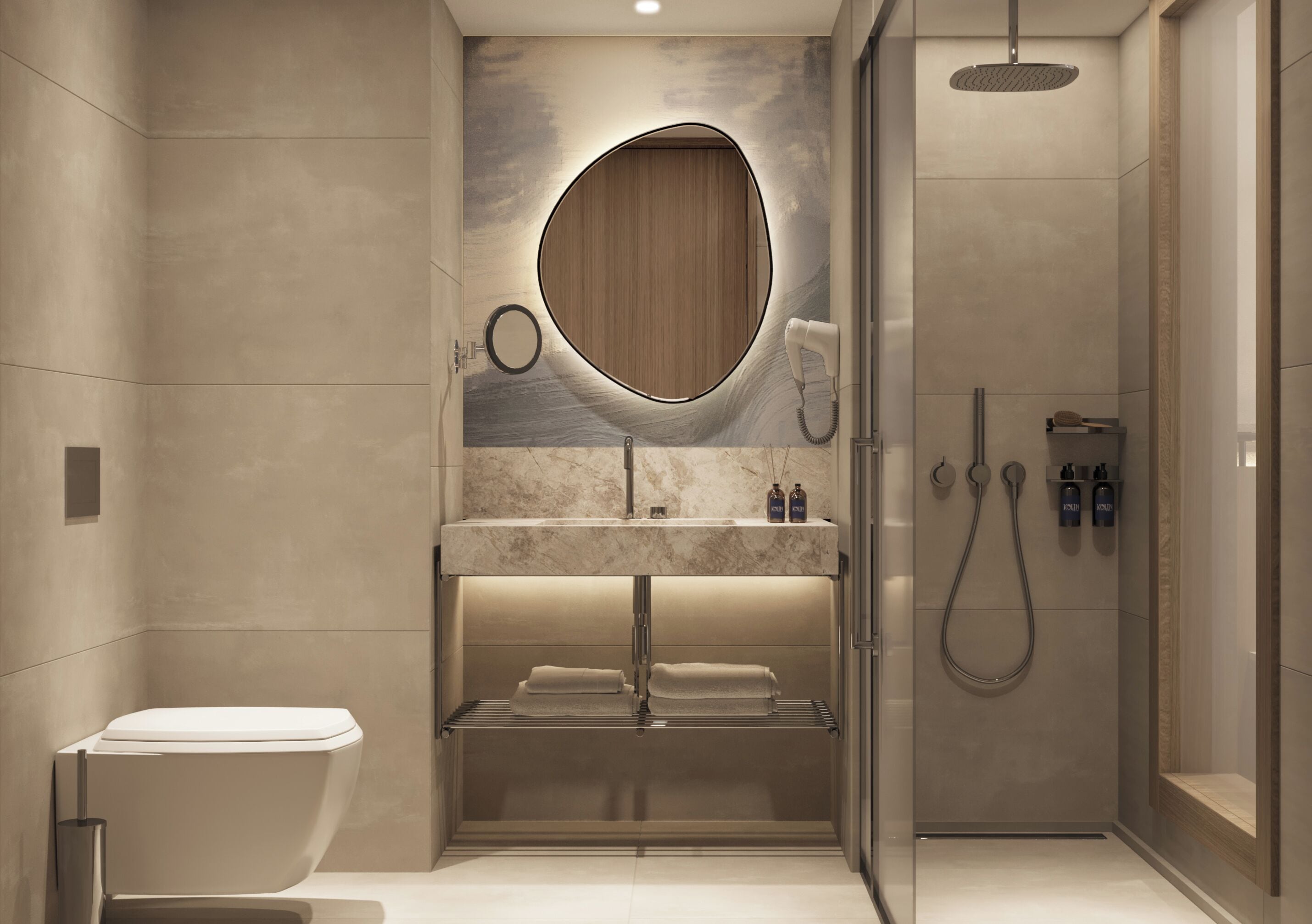 Un baño moderno con inodoro, lavamanos y ducha.