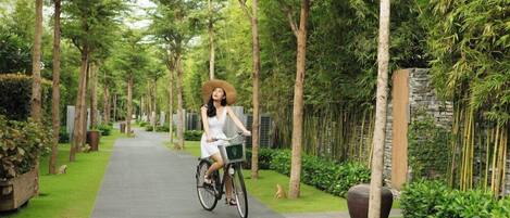 Eine Frau fährt auf einem Radweg, der von üppigem Grün und hohen Bäumen gesäumt ist.