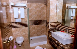 Un baño con ducha, inodoro y lavabo.