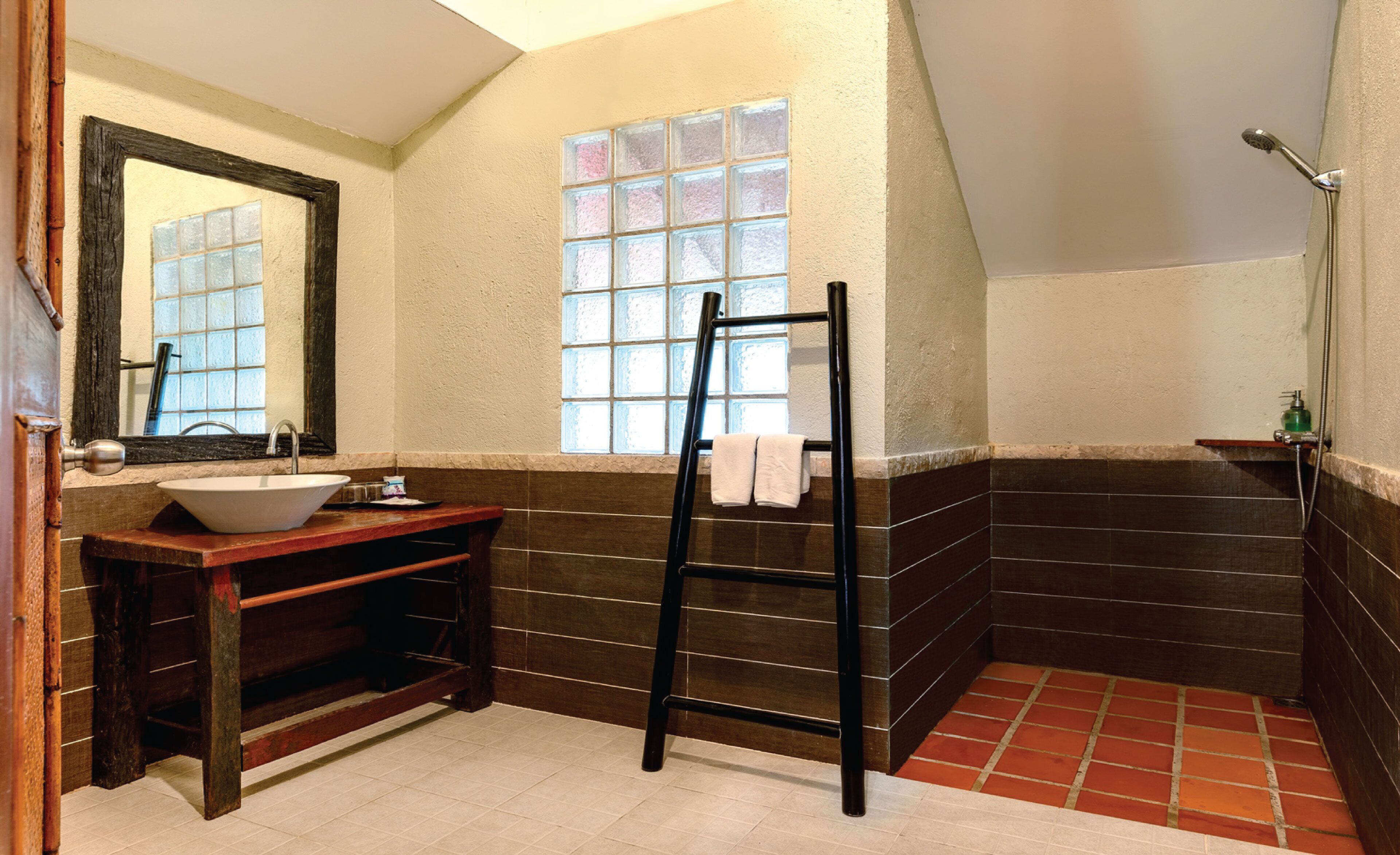 pool side room | bathroom | shower, free toiletries, hair dryer, slippers