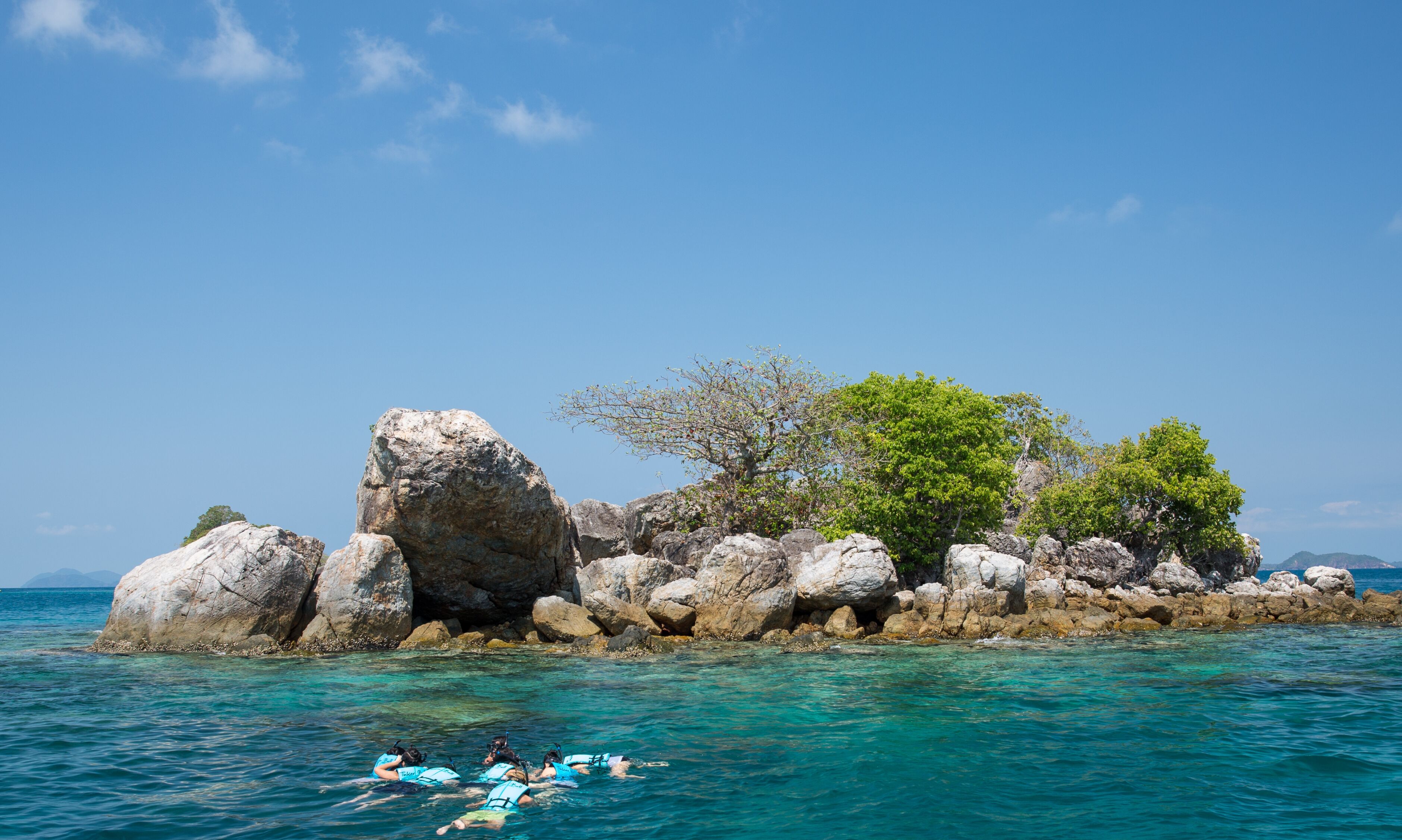 Une côte rocheuse bordée d’une eau turquoise et limpide, de gros rochers et de quelques arbres.