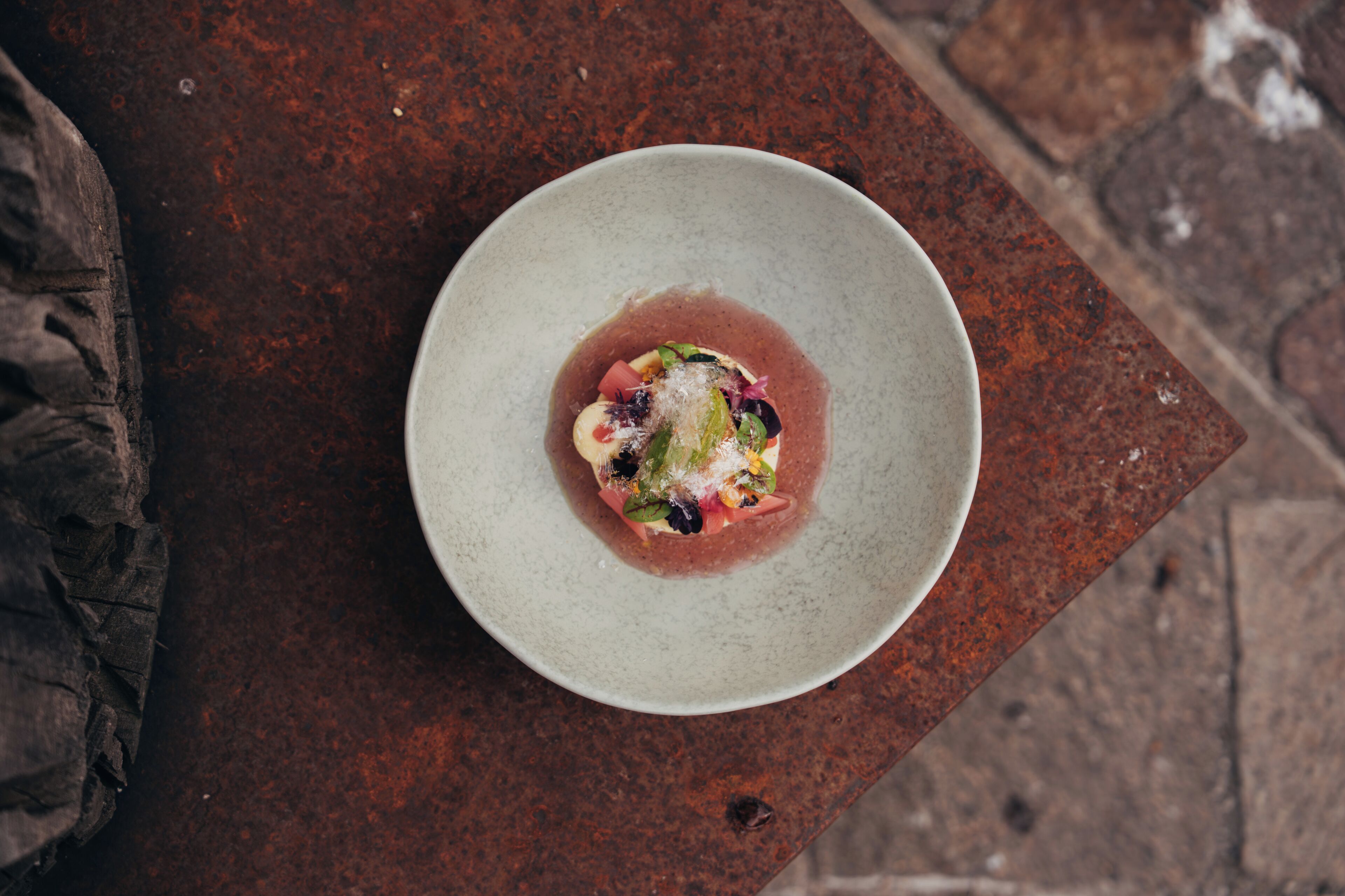 A dish on a rustic table.