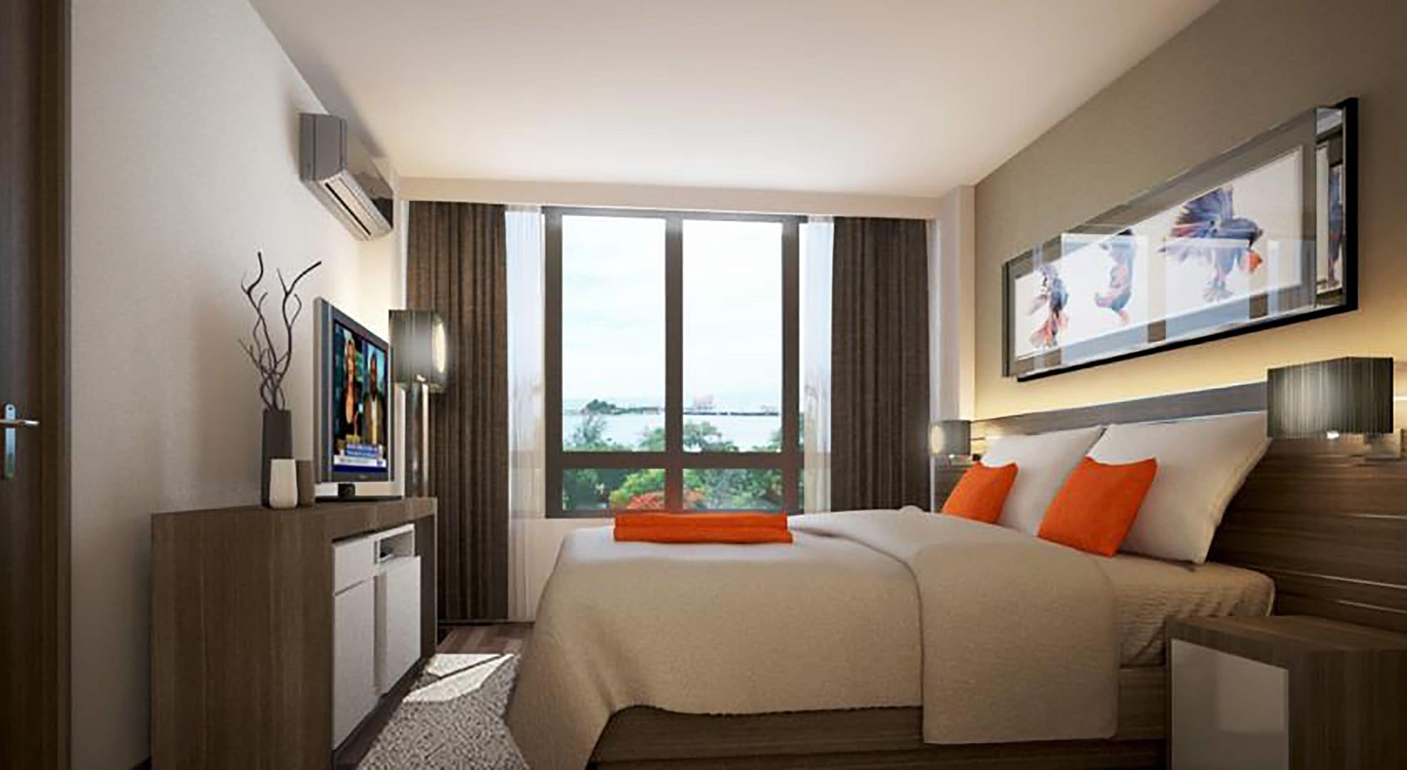 Una habitación de hotel moderna con una cama grande, un escritorio, un televisor de pantalla plana y un ventanal con vista a la ciudad.