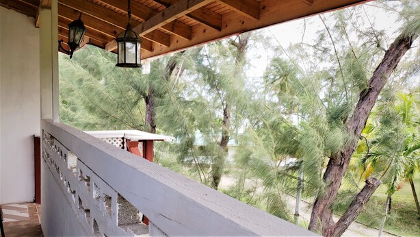 A wooden balcony with a railing, overlooking a garden with various trees and a small structure in the background. - Tobago Tranquil Guesthouse (Buccoo)