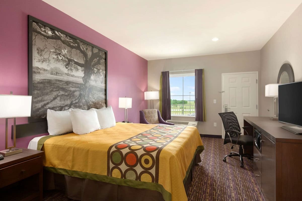Une chambre d’hôtel avec un lit, un bureau, une télévision, une chaise et une grande fenêtre.