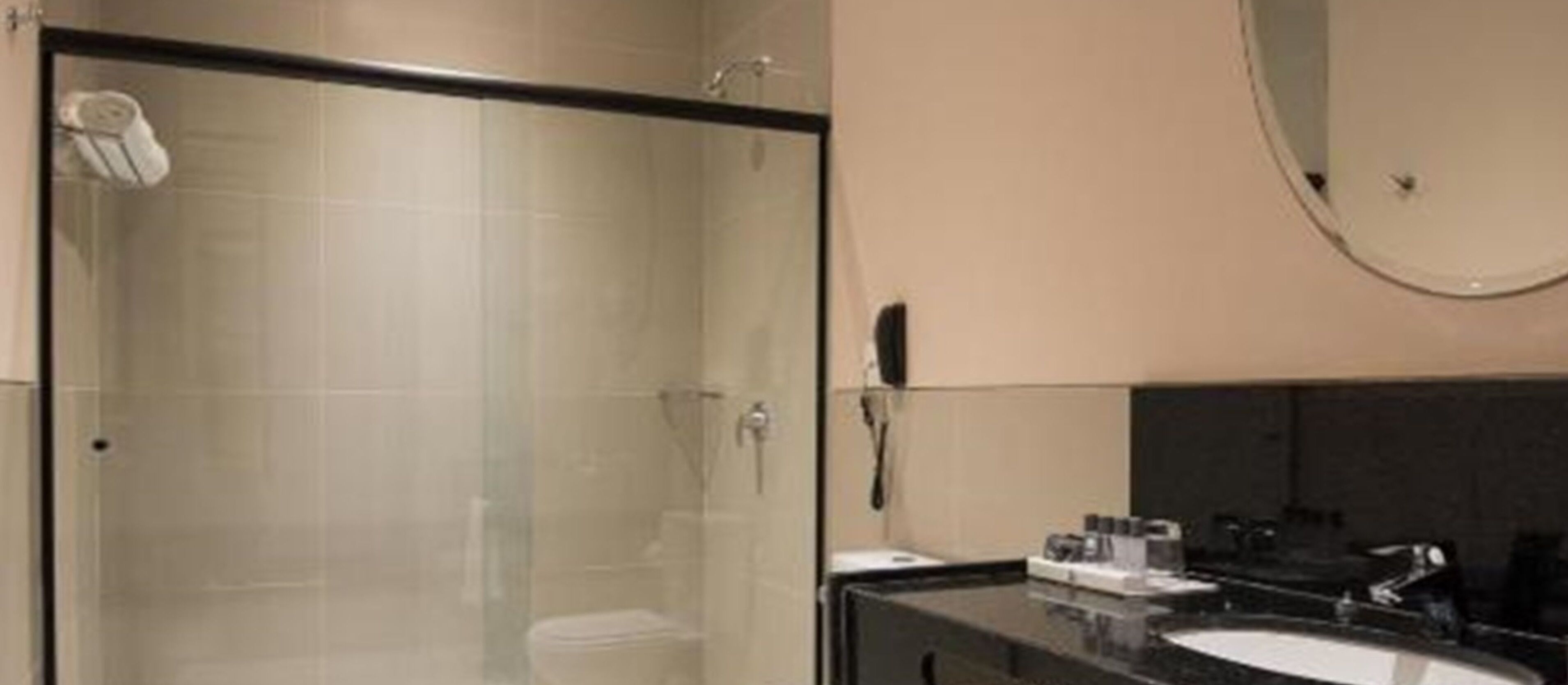 A modern bathroom with a glass-enclosed shower, a black sink, and a mirror above the sink.