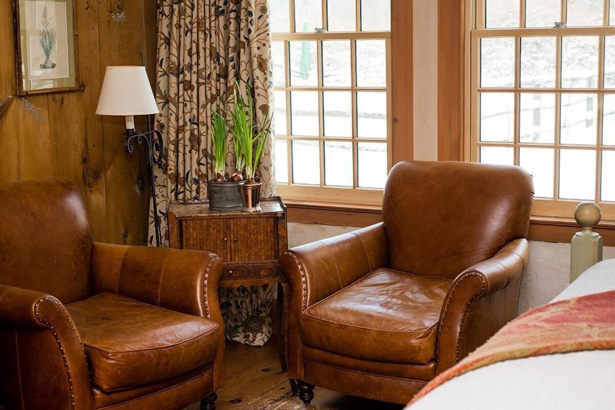 A room with two brown leather armchairs, a wooden side table with a lamp, a potted plant, and a window with a view of a snowy landscape.