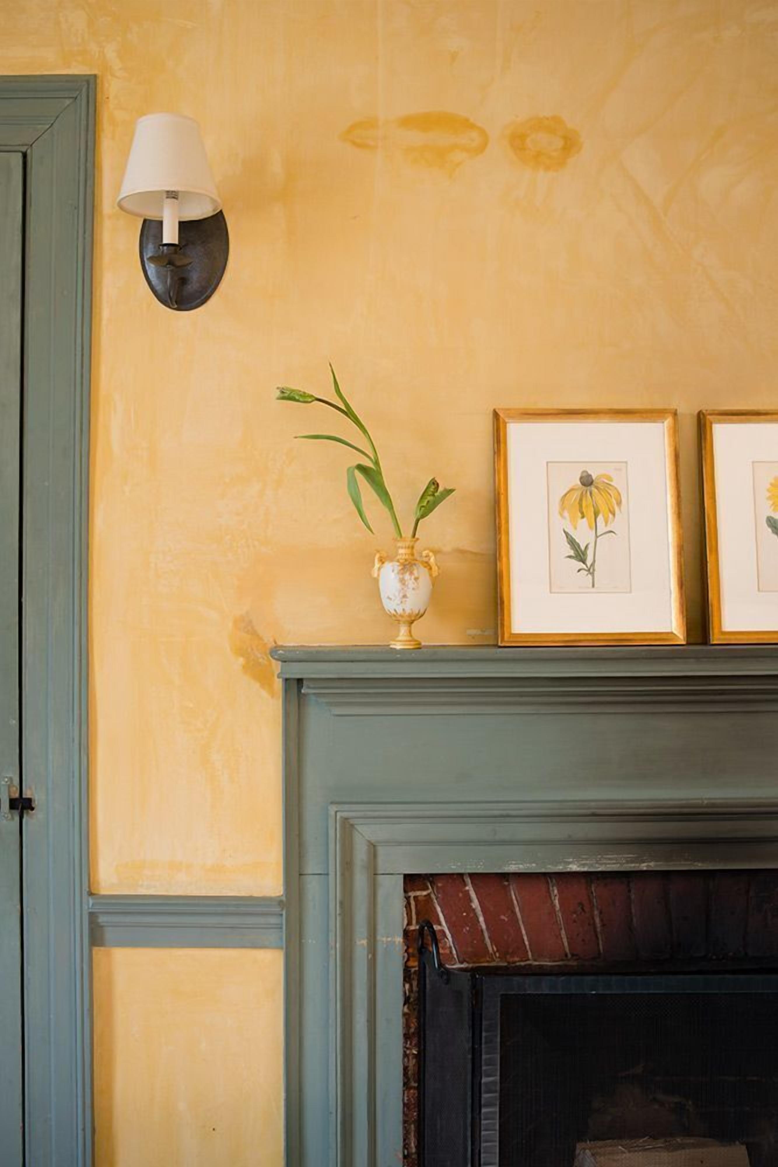 A room with a fireplace, a wall-mounted lamp, and framed botanical prints.