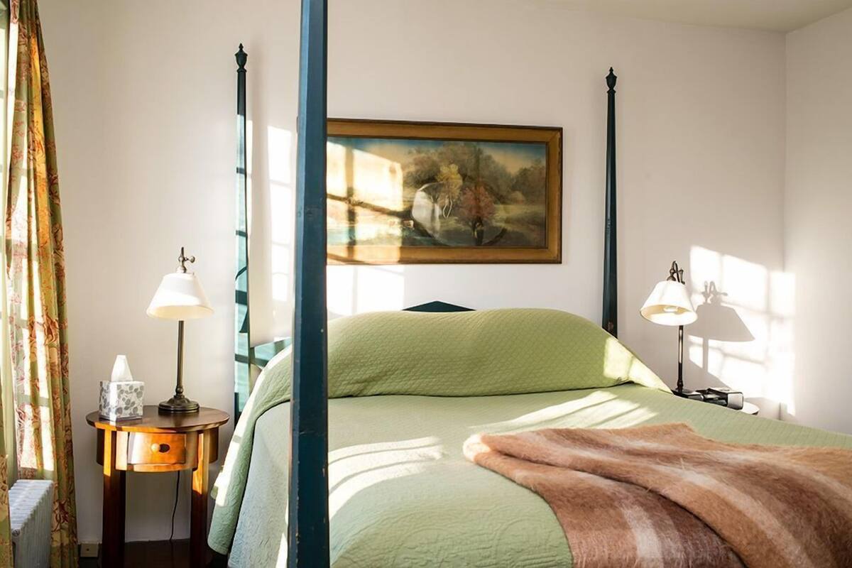 A four-poster bed with a green bedspread and a brown throw blanket. There are two bedside lamps and a painting on the wall.