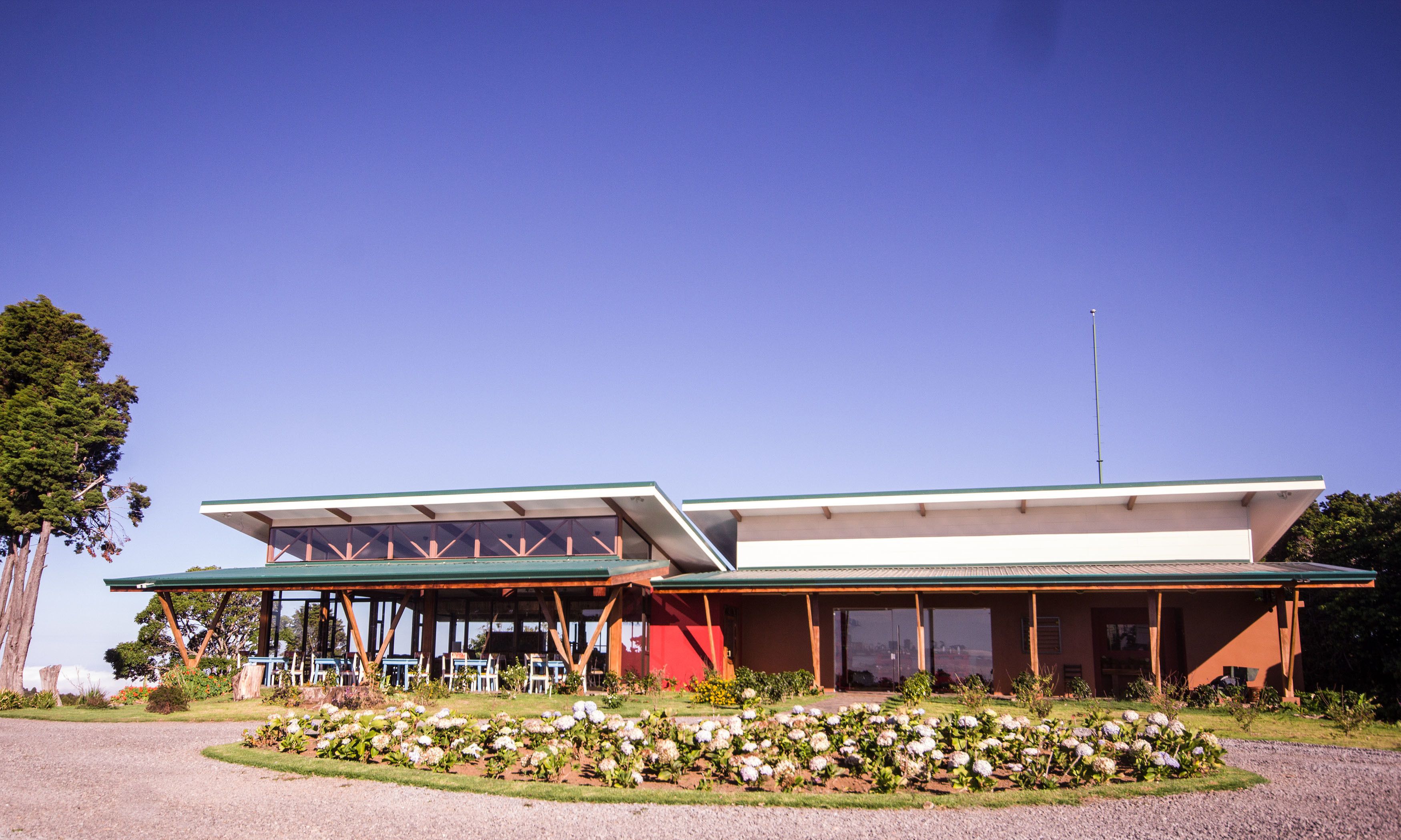 A building with a covered outdoor seating area and a garden with white flowers.