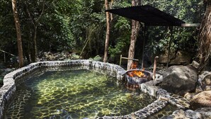 Una fuente termal rodeada de rocas y árboles.