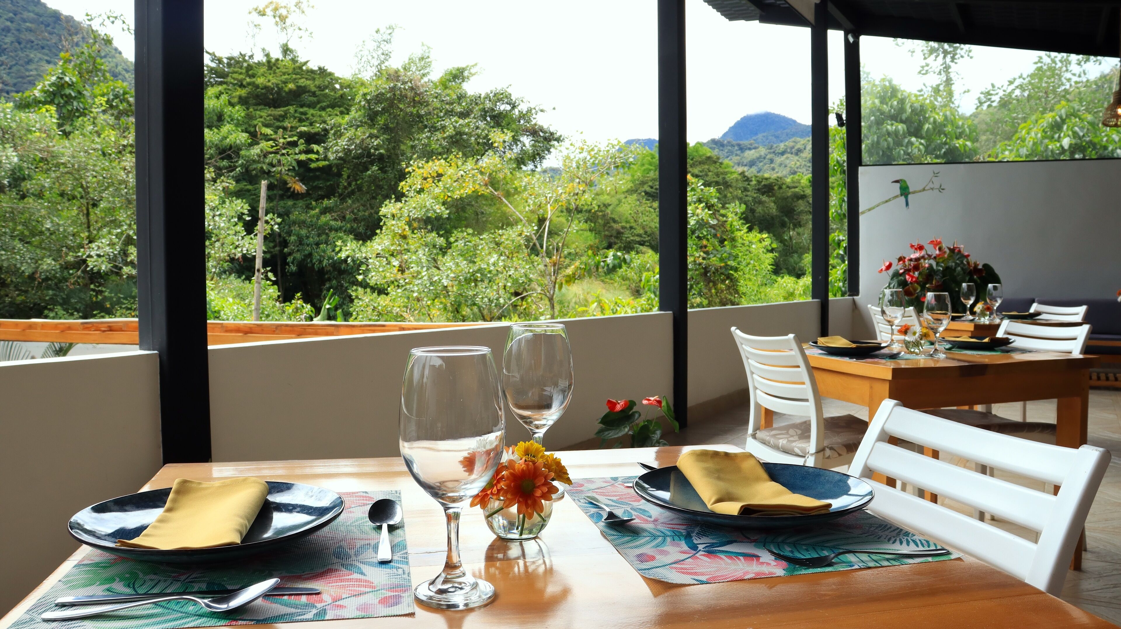 A dining table set with plates, cutlery, and glasses, overlooking a lush landscape with trees and mountains.