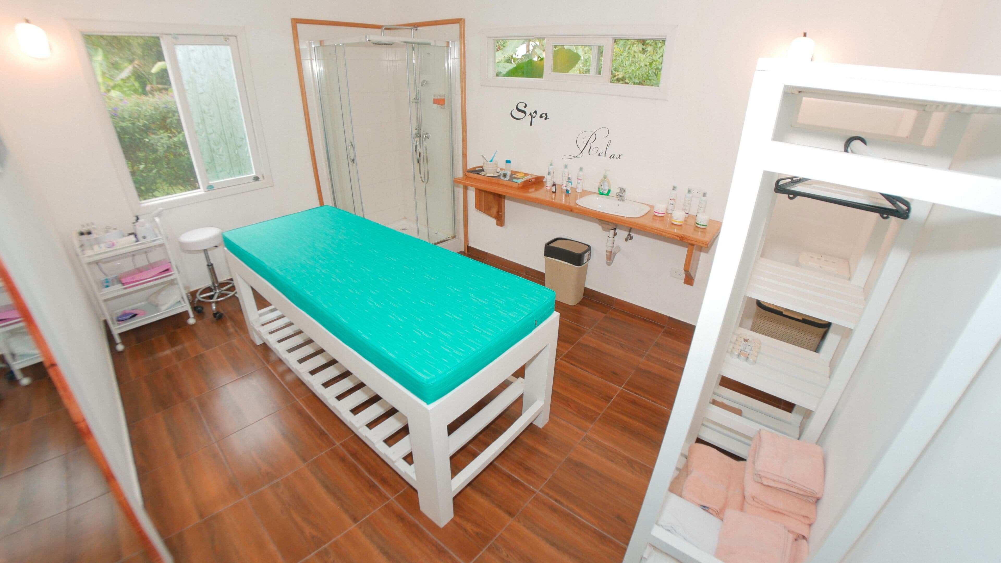 Una habitació de spa amb un llit de massatge, una zona de dutxa, una estant amb productes de tocador i vistes a la vegetació exterior.