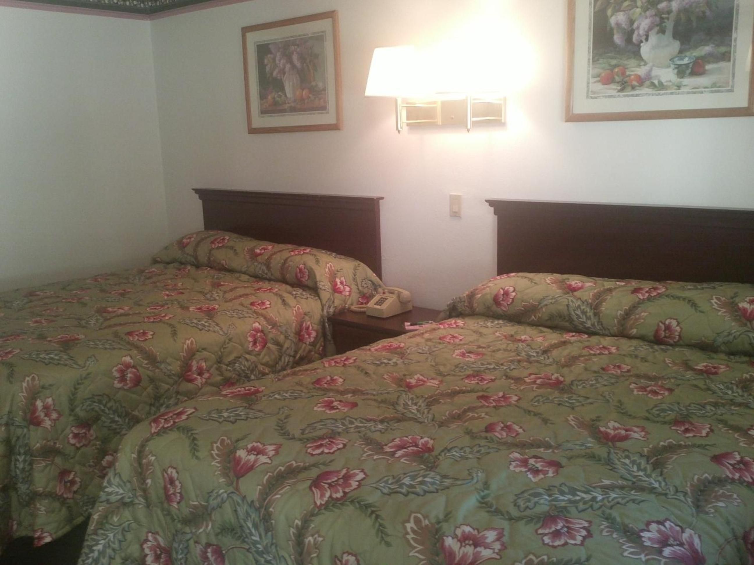 Une chambre d’hôtel avec deux lits, chacun agrémenté d’une literie à motifs floraux, une table de chevet avec une lampe et un tableau encadré au mur.