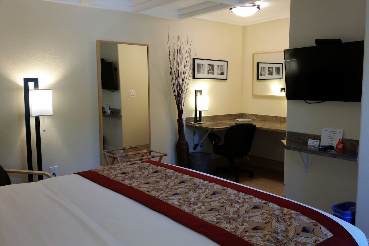A hotel room with a bed, a desk, a chair, a TV, and a mirror.