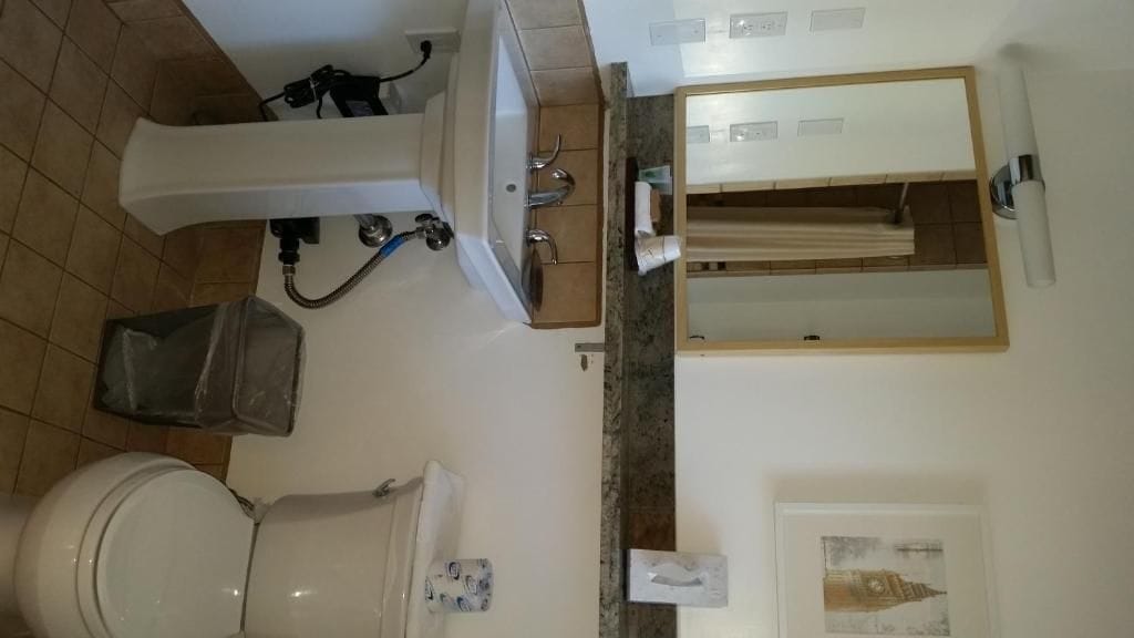 Un baño con inodoro, lavabo y espejo.