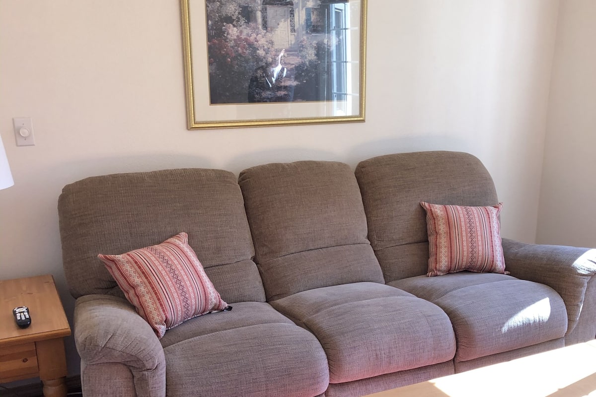A living room with a grey sofa, two patterned cushions, a wooden coffee table, and a framed picture on the wall.