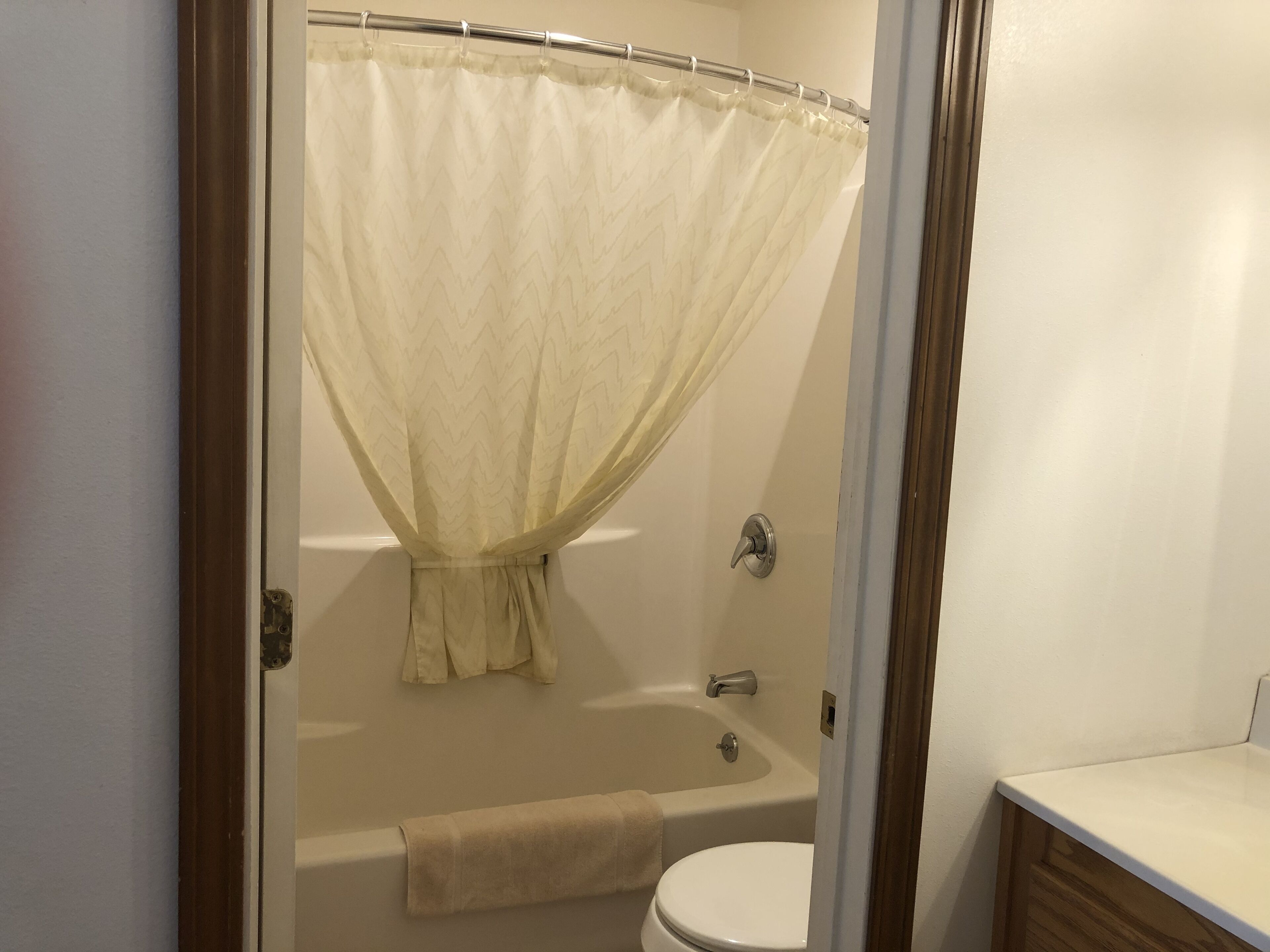 A bathroom with a bathtub, toilet, and a shower curtain.