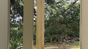 A view through a window with vertical blinds, revealing a garden with trees and a body of water in the background. - Landmark Inn (Florence)