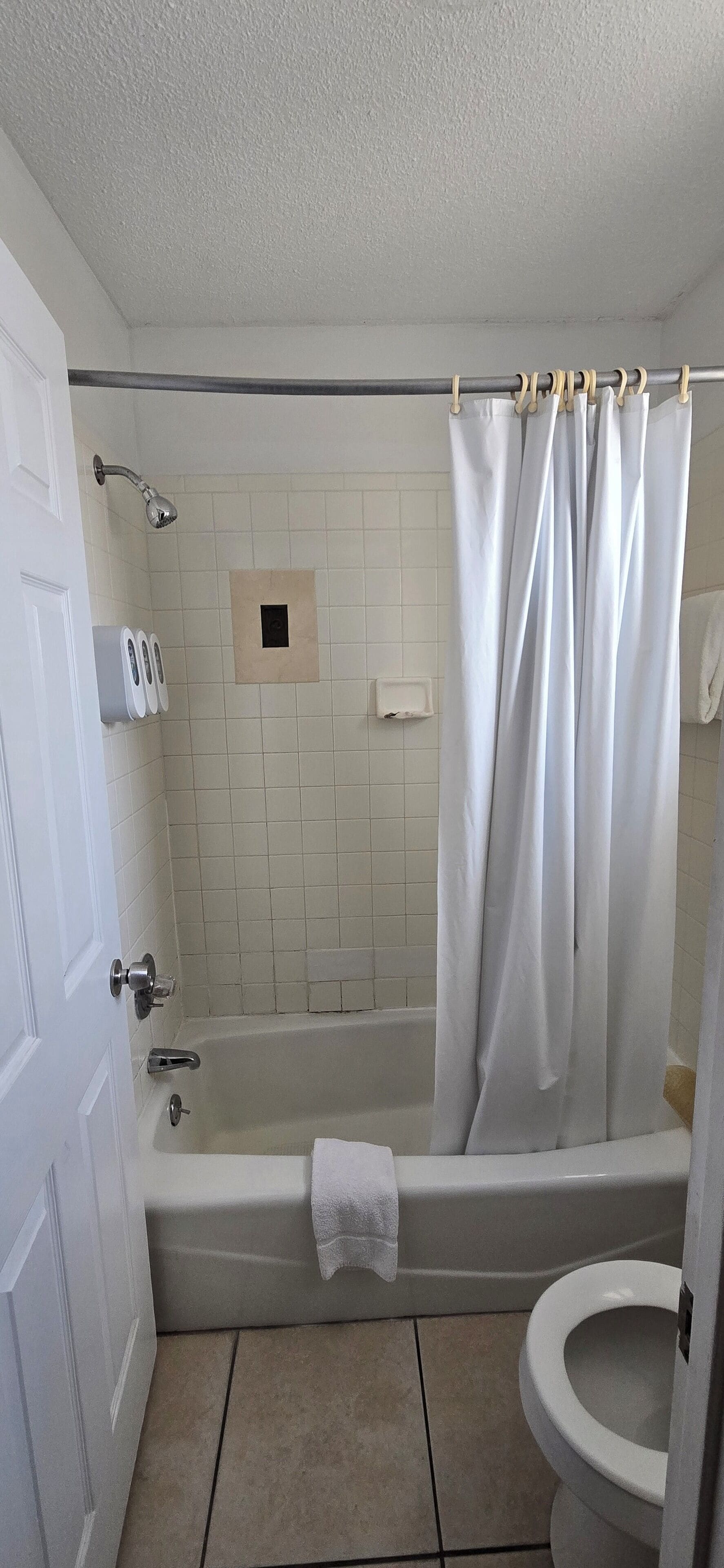 A bathroom with a bathtub, toilet, and shower curtain.